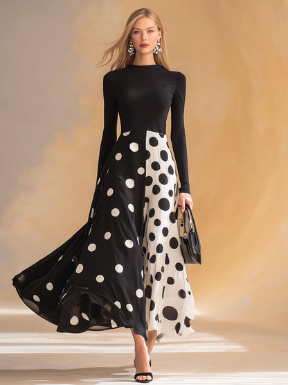Stylish Retro Black And White Polka Dot Maxi Dress