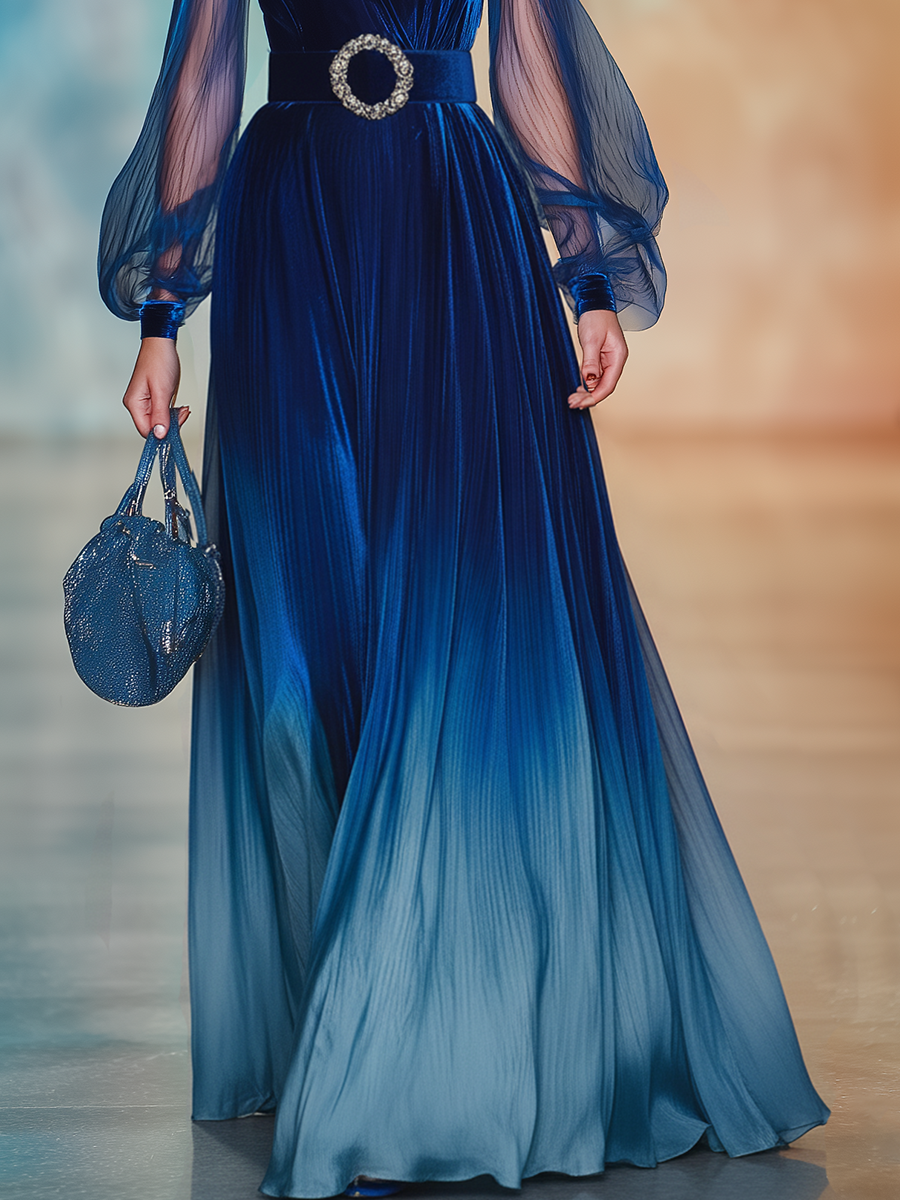 Elegant And Romantic Openwork Collar Sheer Sleeves Gradient Chiffon Maxi Dress