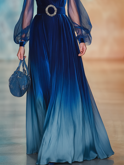 Elegant And Romantic Openwork Collar Sheer Sleeves Gradient Chiffon Maxi Dress