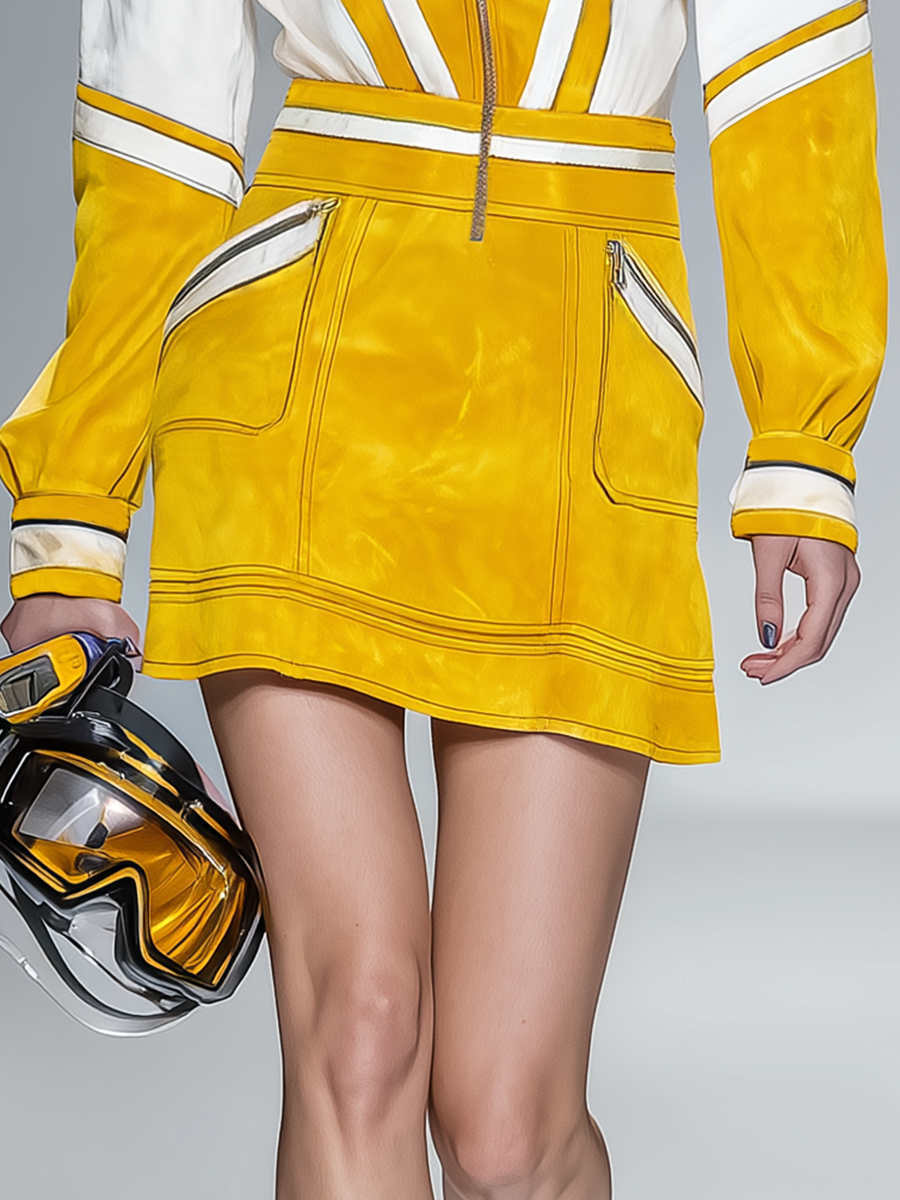 Stylish Retro Motorcycle Zipper Stand Collar Color-blocked Faux Suede Mini Dress