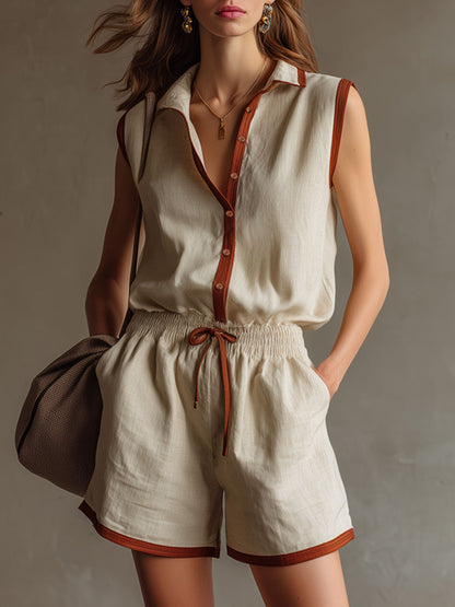 Casual Retro Brown-trimmed Beige Cotton Linen Sleeveless Shirt And Shorts Set
