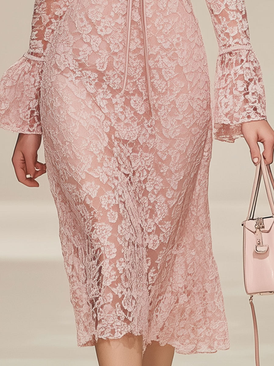 Stylish And Elegant Pink Lace Midi Dress