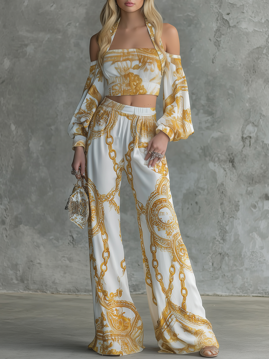 Retro And Elegant Chain Print Halter Neck Chiffon Top And Wide-leg Pants Set