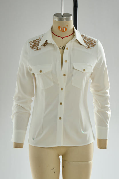 Western Retro Embroidered White Tencel Denim Shirt