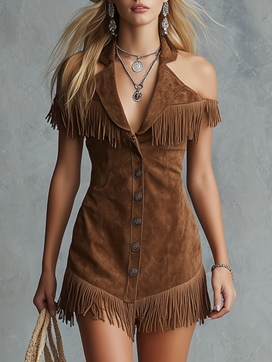 Retro Stylish Western-style Brown Faux Suede Off-the-shoulder Lapel Mini Dress