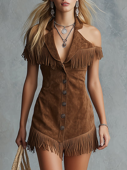 Retro Stylish Western-style Brown Faux Suede Off-the-shoulder Lapel Mini Dress