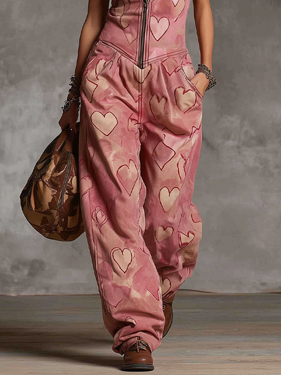 Retro Heart Print Stand-collar Zippered Faux Suede Sleeveless Jumpsuit