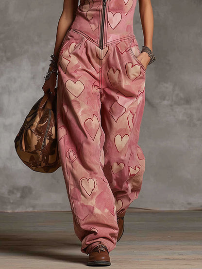 Retro Heart Print Stand-collar Zippered Faux Suede Sleeveless Jumpsuit