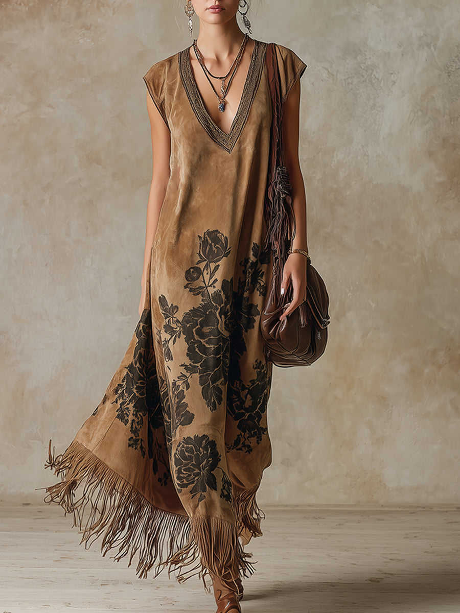 Retro-style Printed Khaki Faux Suede Fringes Sleeveless Maxi Dress