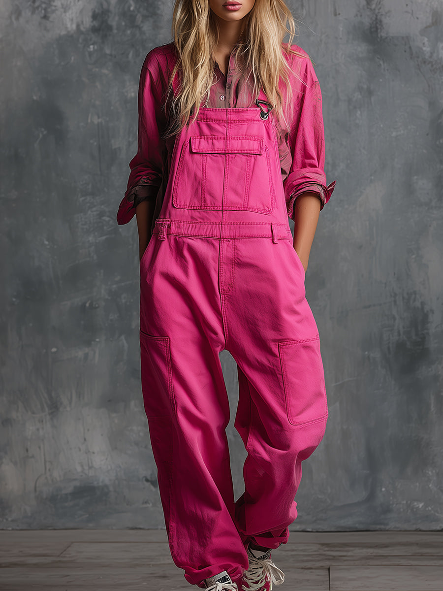 Casual And Stylish Multi-pocket Rose Pink Washed Cotton Overalls