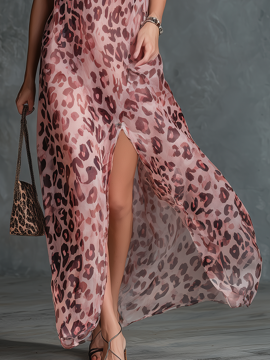 Elegant And Stylish Halter-neck Sleeveless Leopard Print Chiffon Maxi Dress