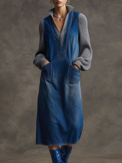 Casual Retro Long-sleeved Gray Knit Patchwork Blue Denim Midi Dress