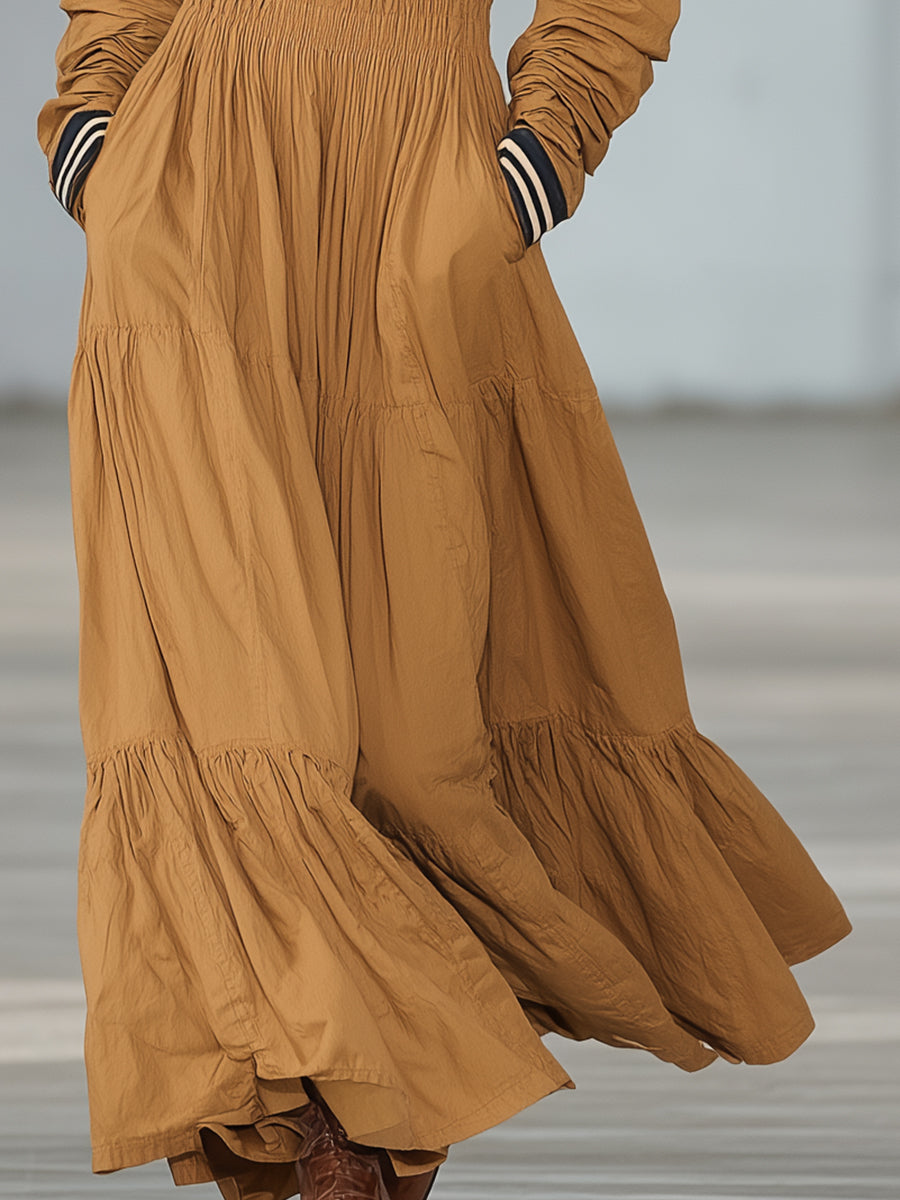 Casual Khaki Striped Elastic Waist Maxi Dress