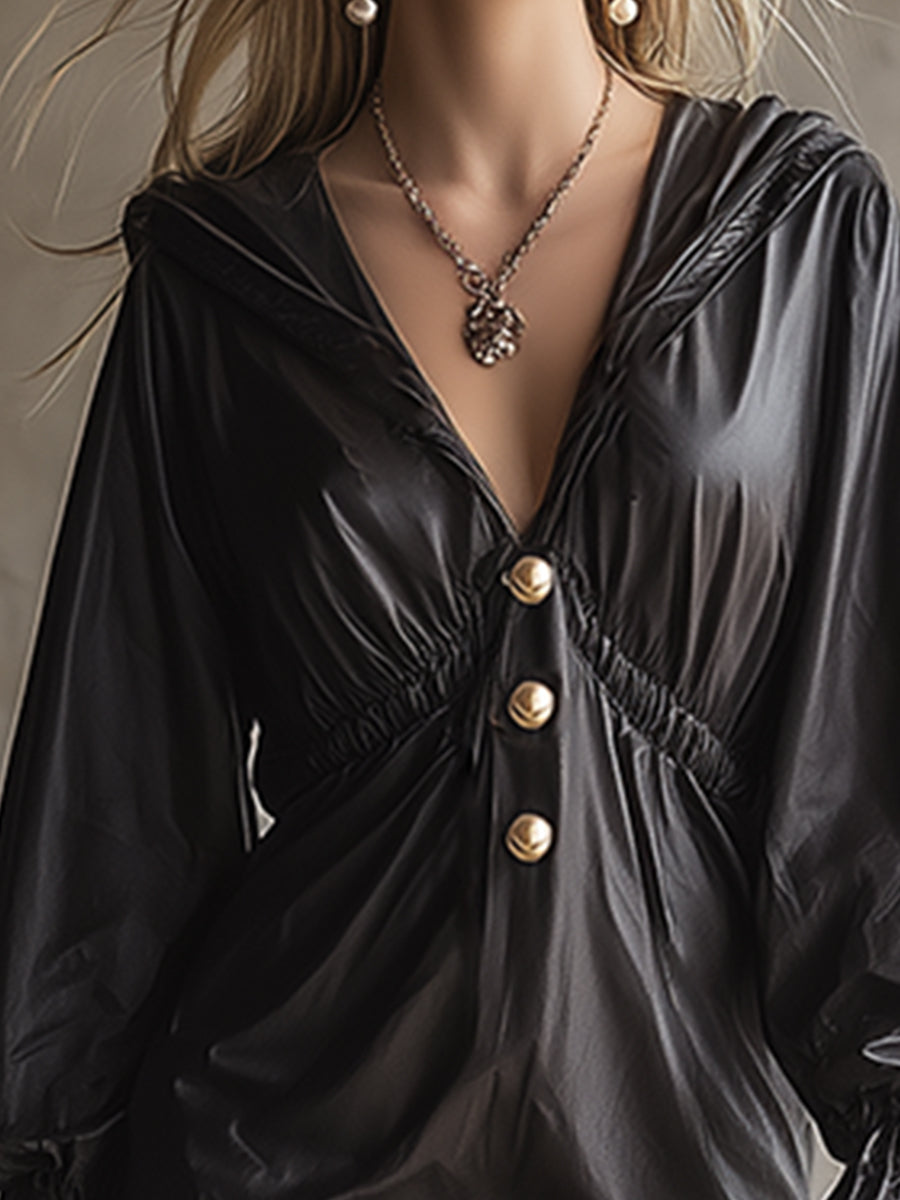 Retro Urban Black PU Leather Ruffled Hooded Mini Dress