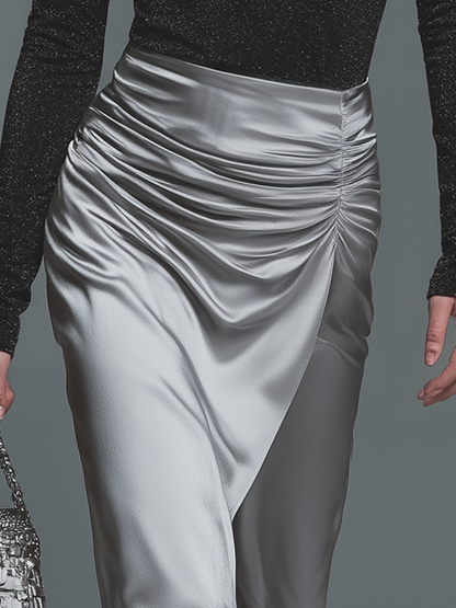 High-quality Elegant Fashion Pleated Satin Maxi Skirt