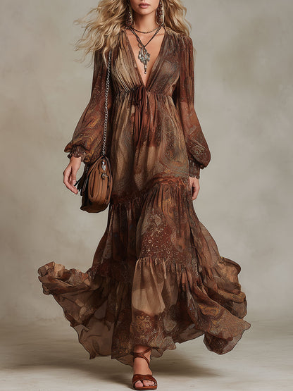 Western Retro Paisley Pattern Brown V-Neck Chiffon Maxi Dress