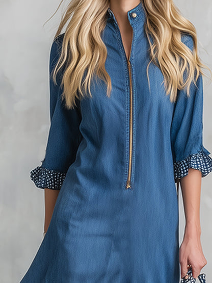 Casual And Stylish Checkered Ruffle Blue Denim Midi Dress