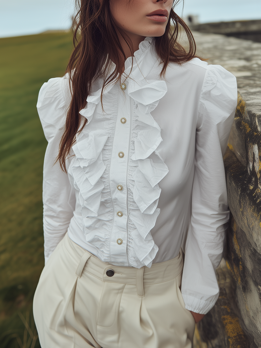 Romantic Bohemian Style Pearl Buttons Ruffled White Shirt
