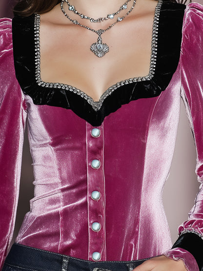 Stylish Pink Patchwork Black Velvet Ribbon Button Shirt