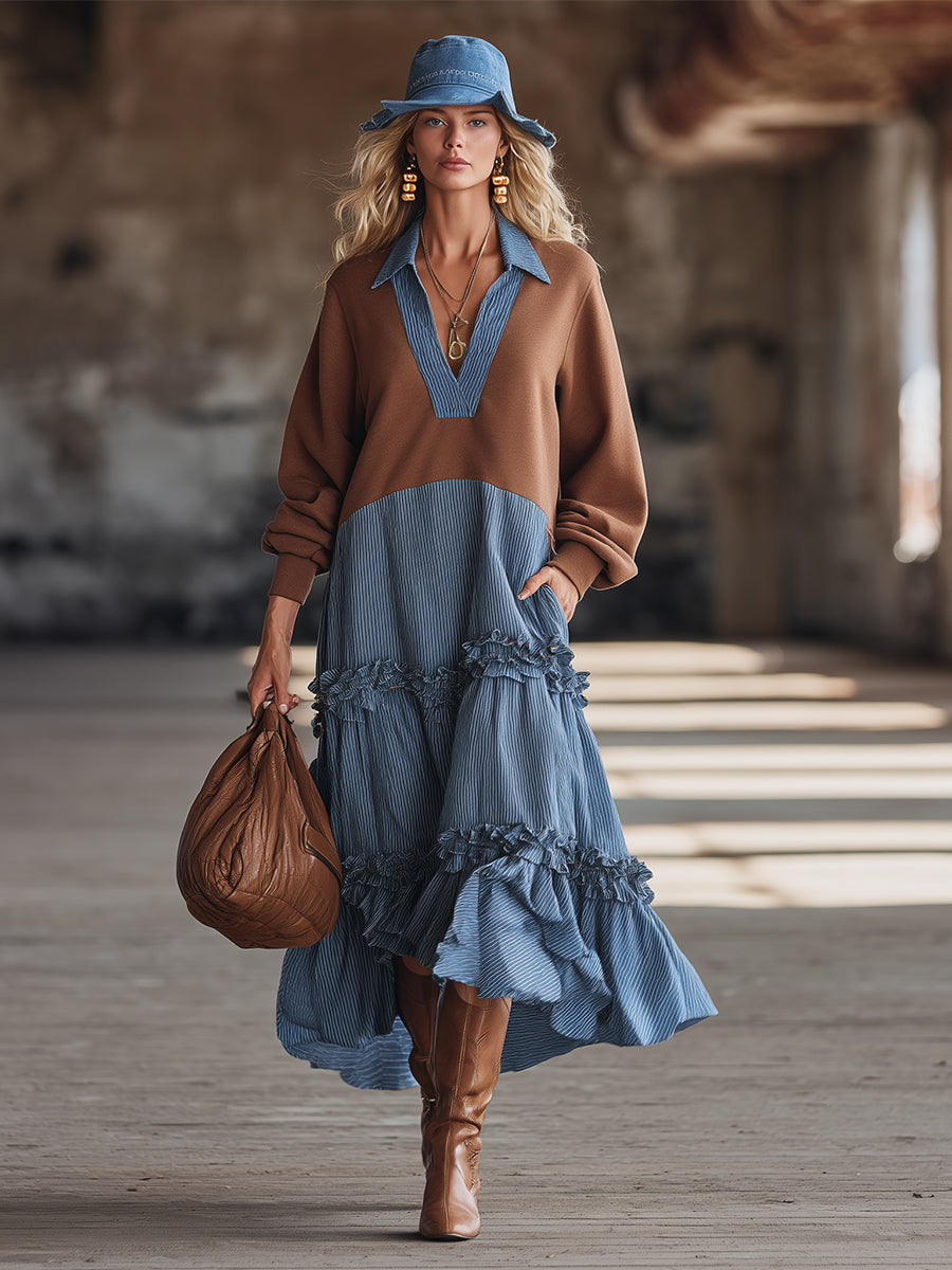 Trendy Sporty Brown Sweatshirt With Contrasting Blue Stripes  Silhouette Maxi Dress