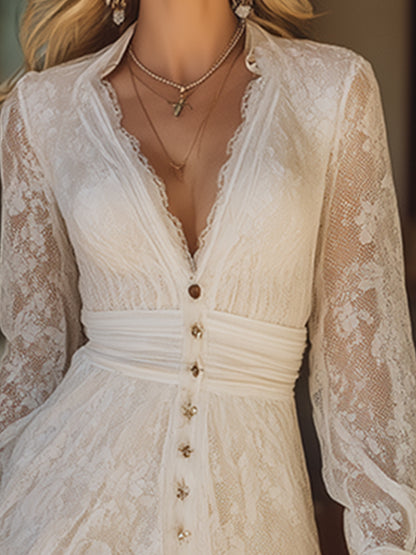 Elegant Vacation V-neck White Lace Maxi Dress