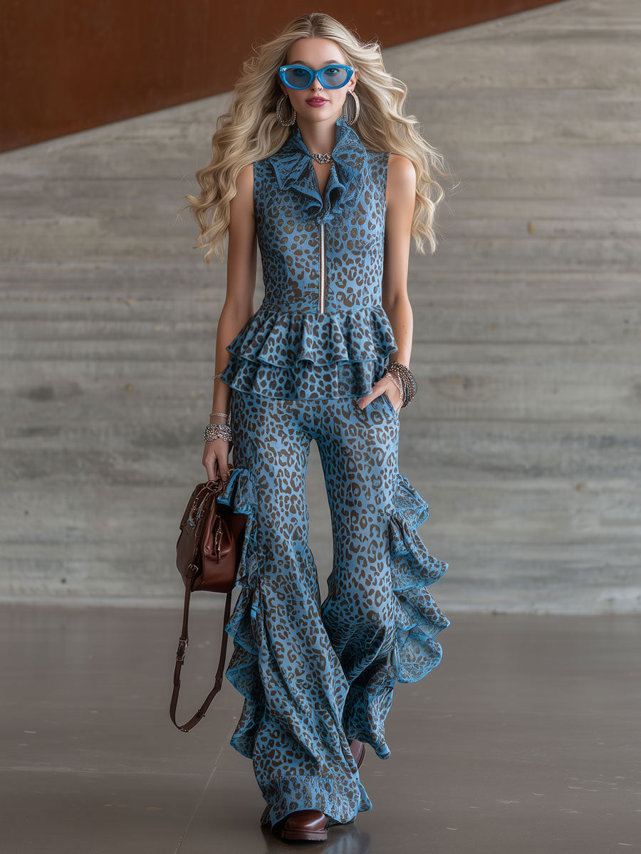 Retro Resort Leopard Print Blue Chiffon Sleeveless Ruffled Top And Flared Pants Set