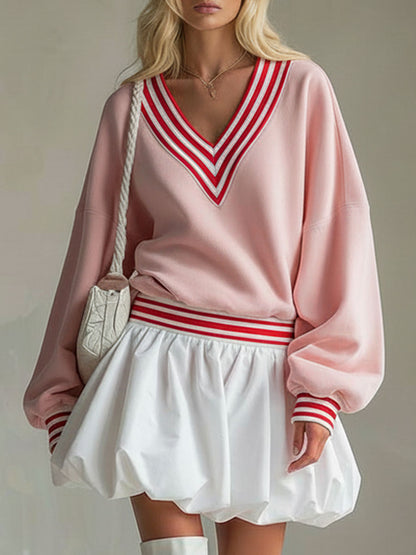 Loose-fitting V-neck Color-block Long-sleeved Sporty Mini Dress