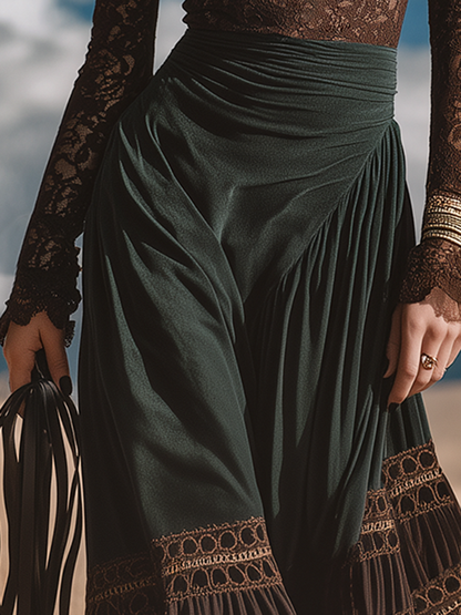 Retro-chic Bohemian Brown And Dark Green Faux Suede Long Skirt