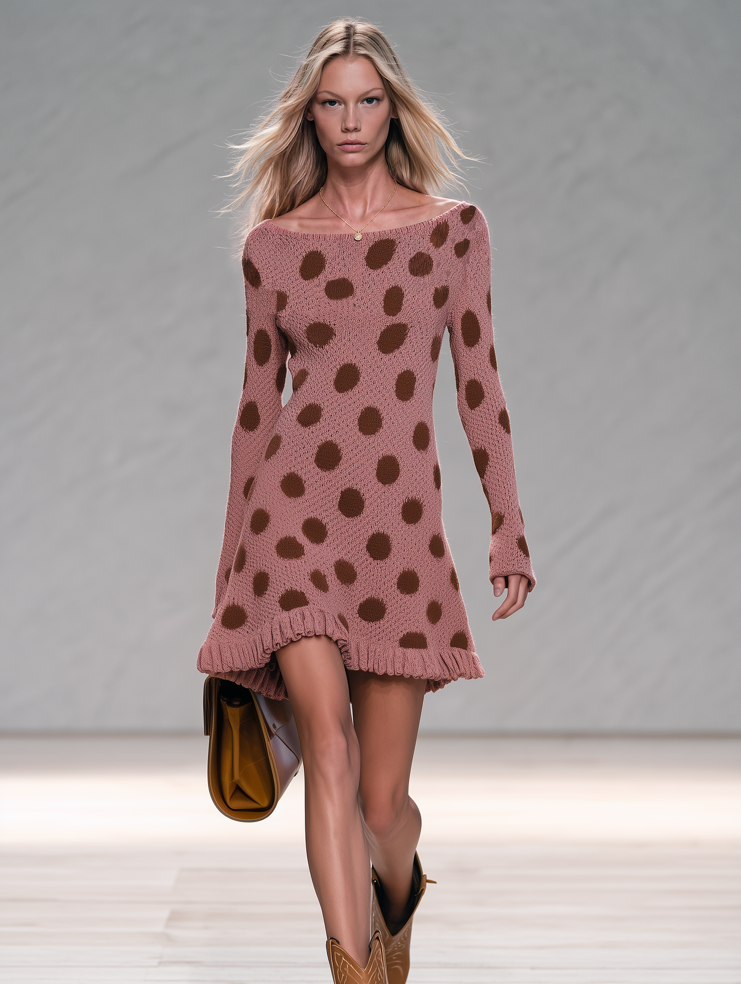 Retro-chic Boat-neck Knit Dress In Pink-brown With Polka Dots