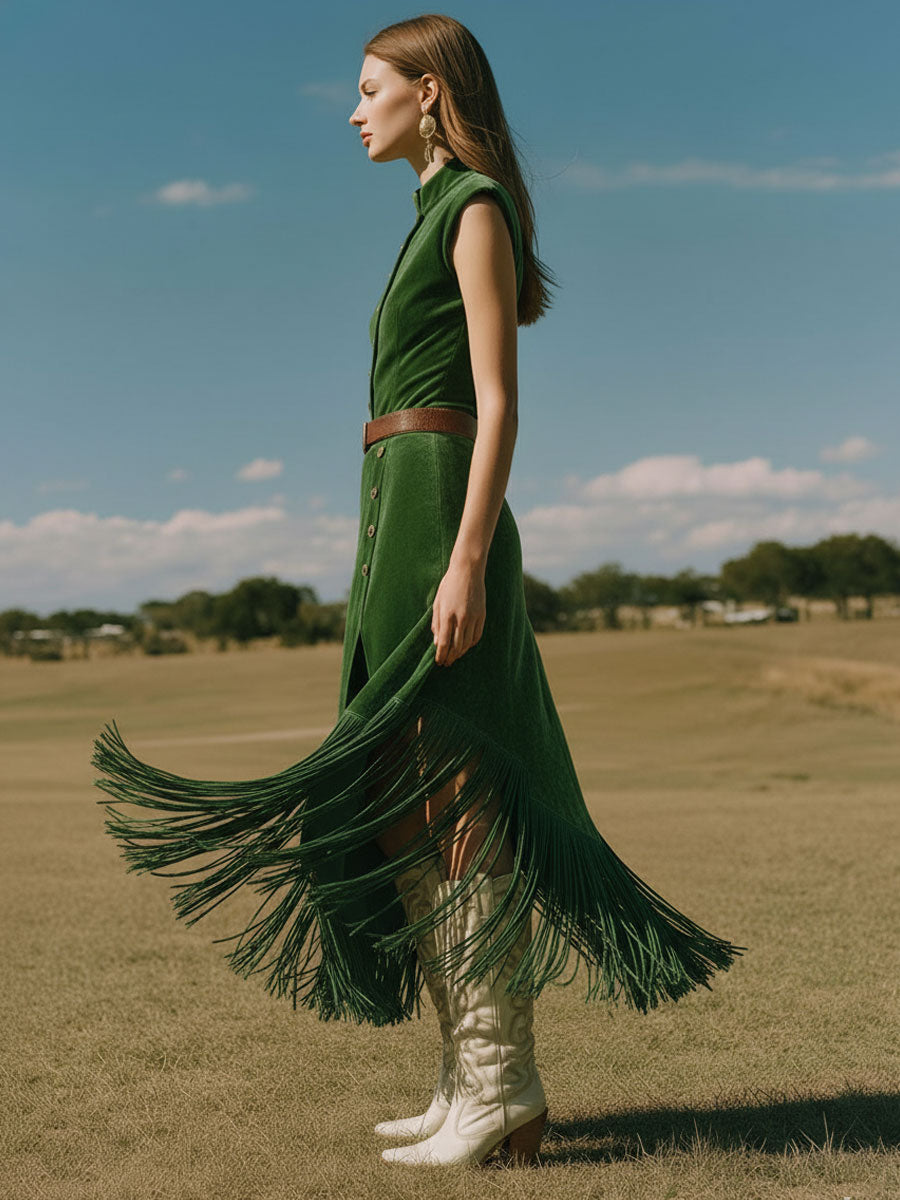 Western Retro Green Tassel Faux Suede Slit Sleeveless Midi Dress