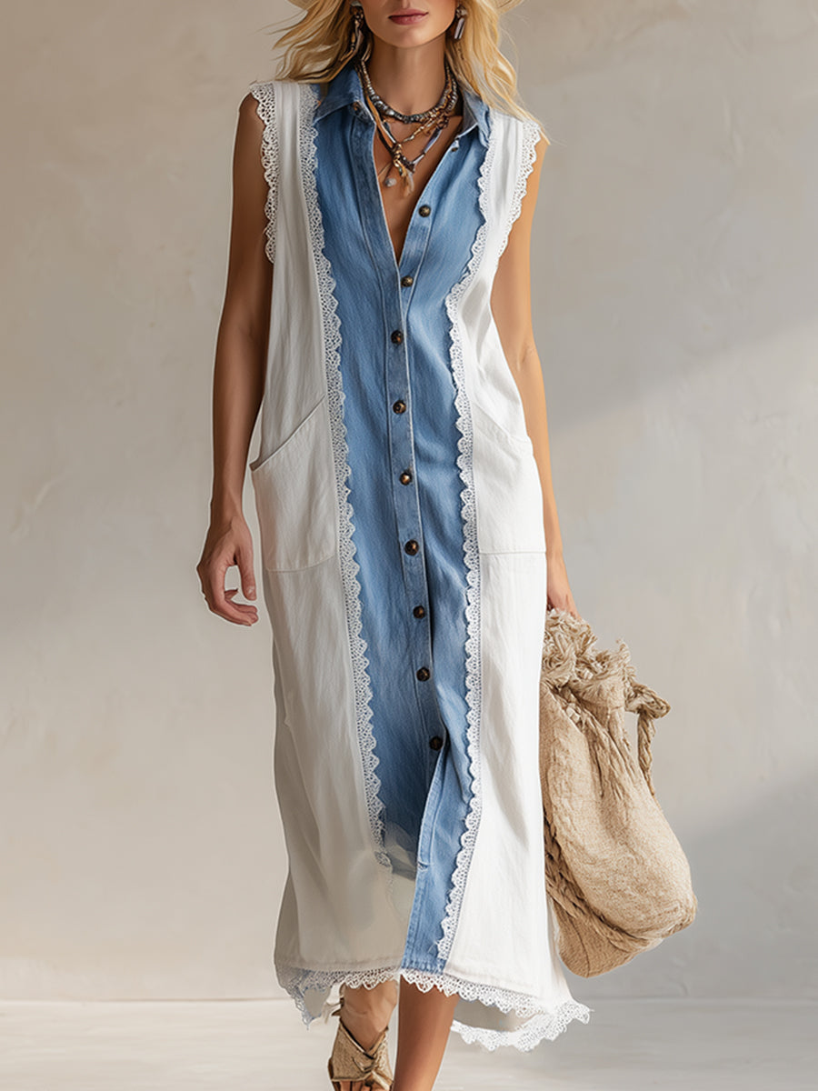 Elegant Urban Style Color-blocked Tencel Denim Sleeveless Maxi Dress