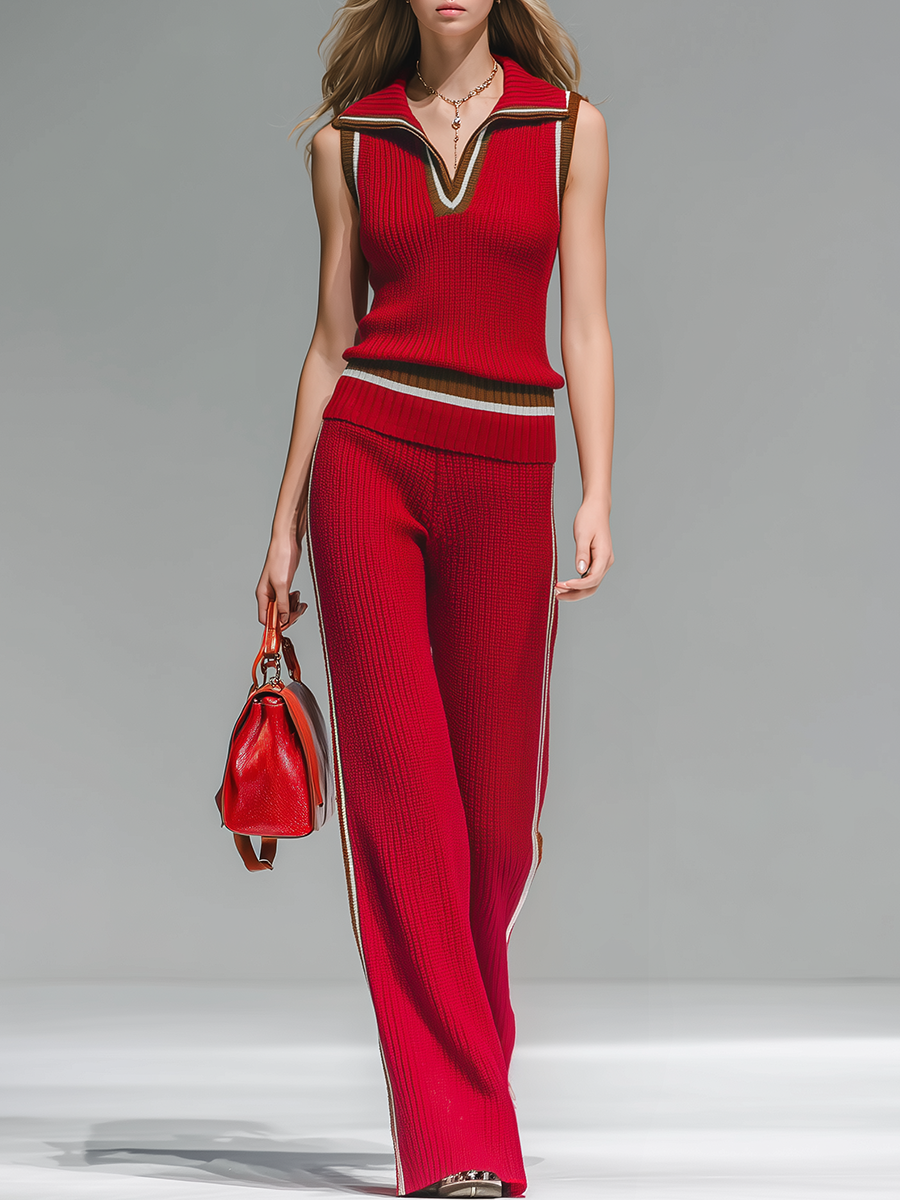 Stylish Sporty Collared Sleeveless Top And Loose-fitting Trousers Set