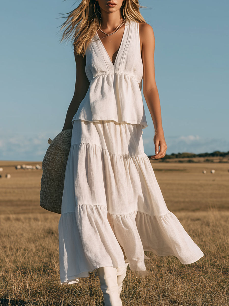Cotton And Linen V-neck Sleeveless Top And Skirt Set