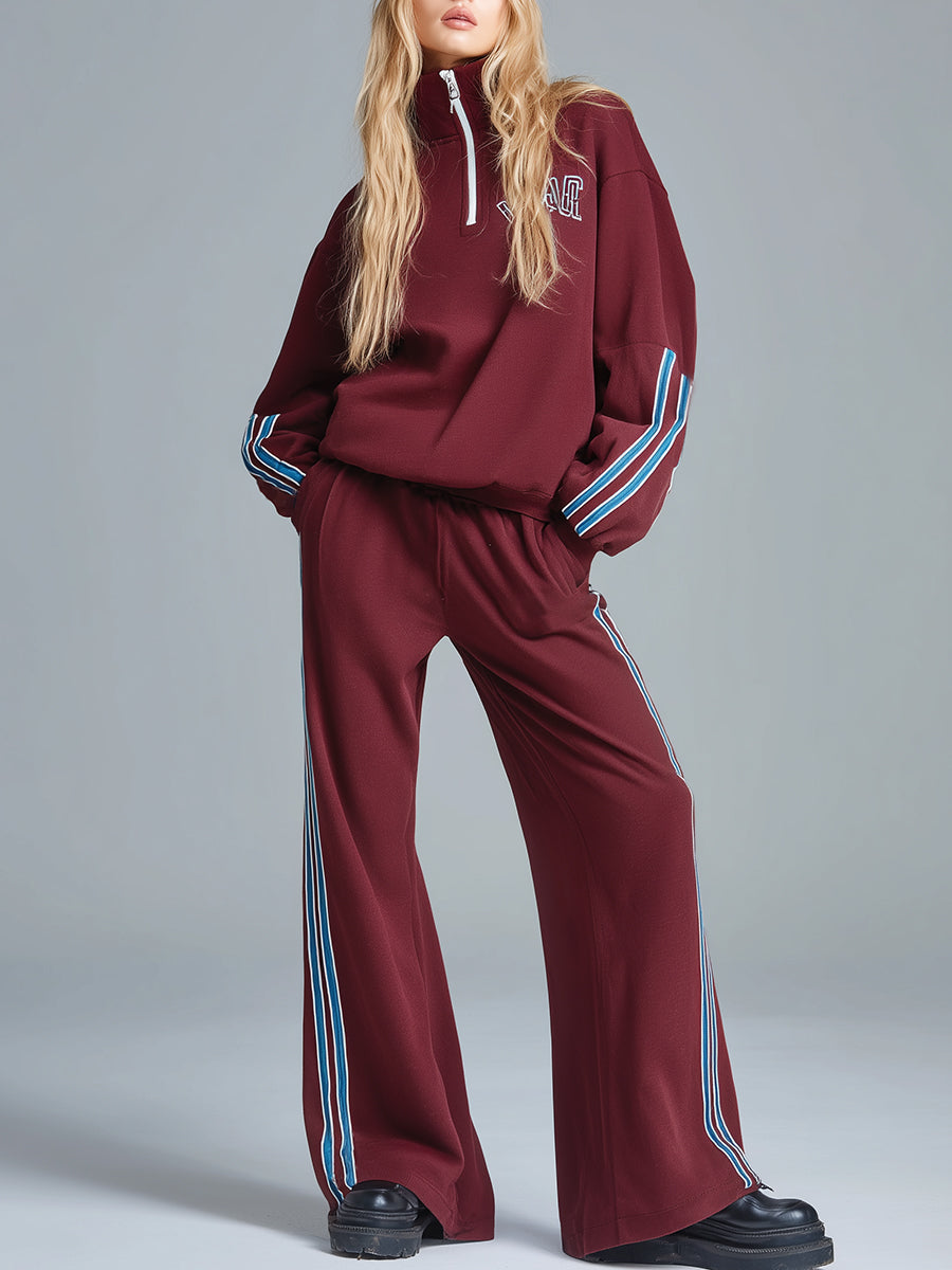Retro Sporty Stand-up Collar Zip-up Burgundy Sweatshirt And Pants Set