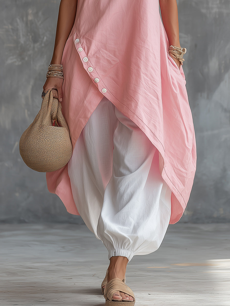 Retro Casual Vacation Asymmetrical Hem Top And Harem Pants Set