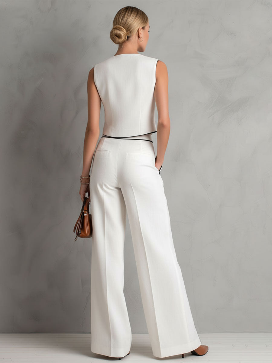 Stylish And Casual Black-trimmed White Cotton Top And Split-leg Wide-leg Pants Set