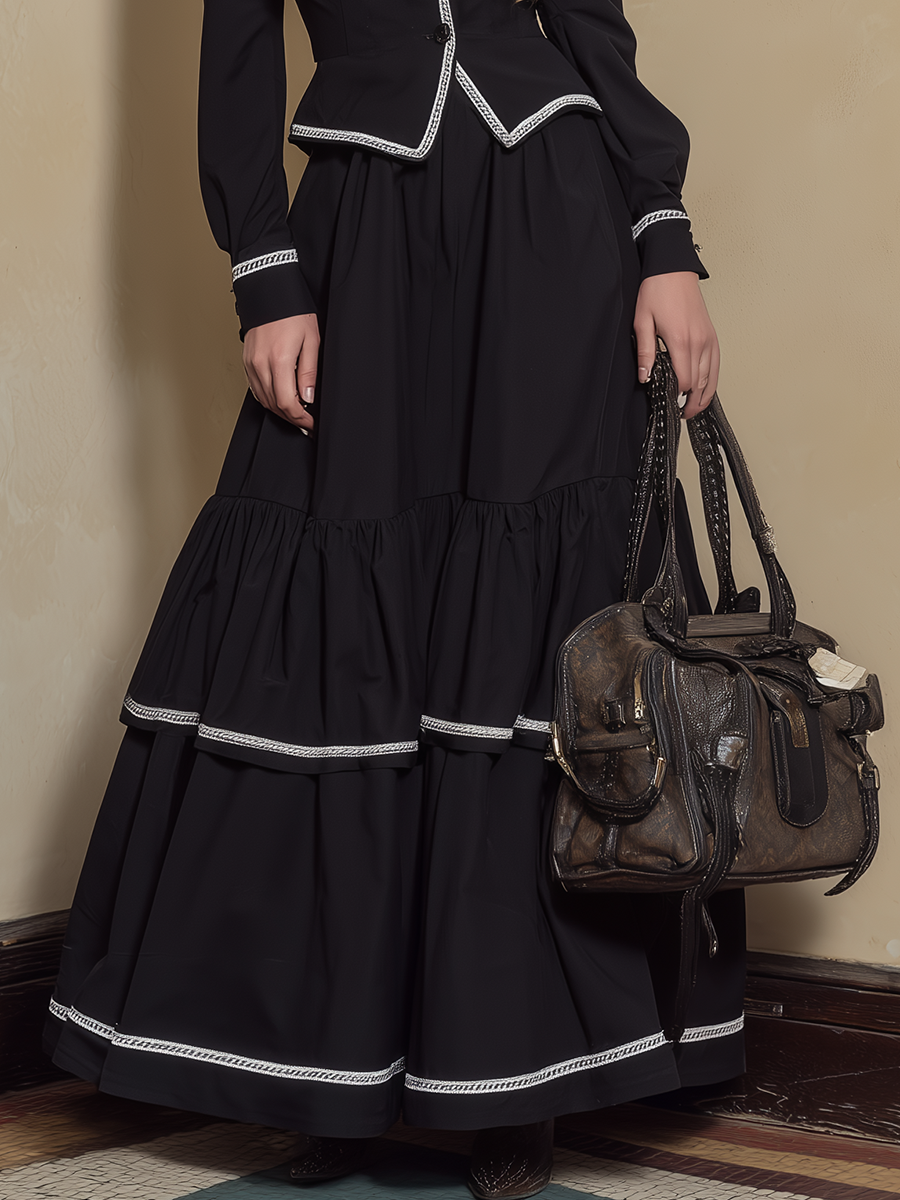 Retro Bohemian White Ribbon Short Jacket And Ruffled Skirt Set