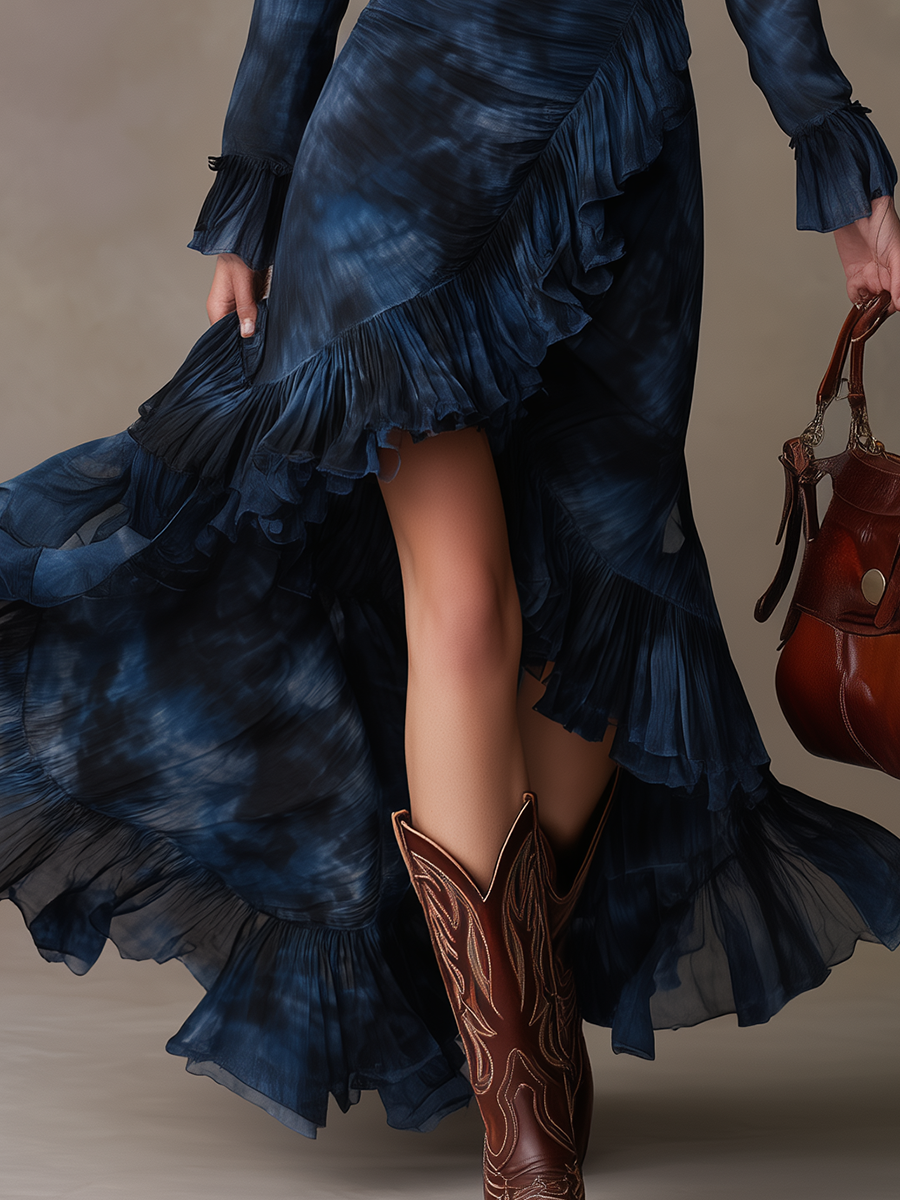 Elegant And Graceful V-neck Printed Chiffon Long Dress