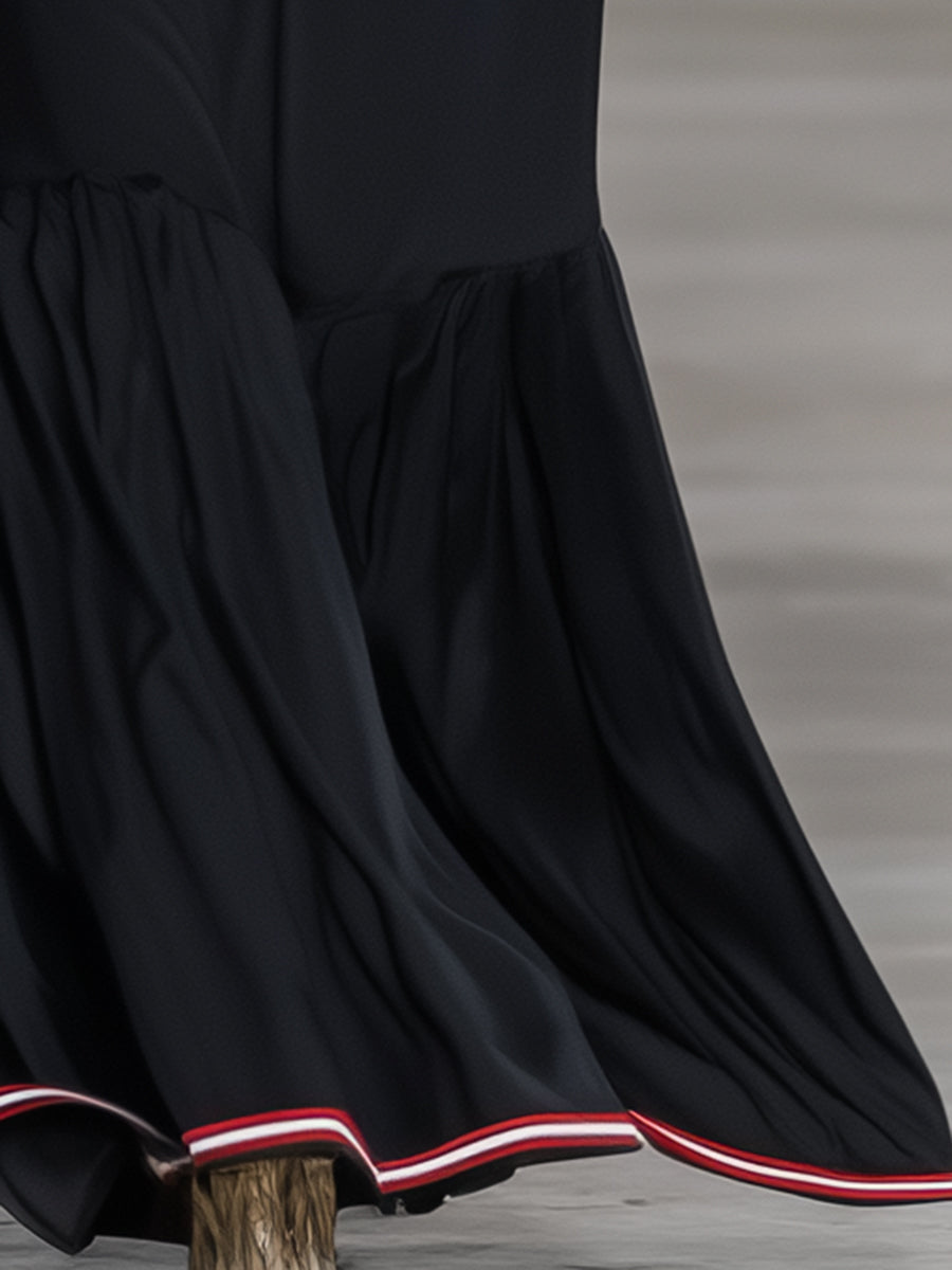 Casual Black V-neck  With Red And White Ribbon And Flag Embroidery Maxi Dress