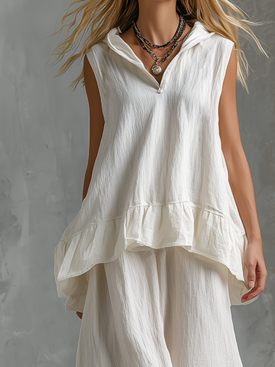 Elegant And Minimalist White Cotton And Linen Sleeveless Hooded Vest And Wide-leg Pants Set
