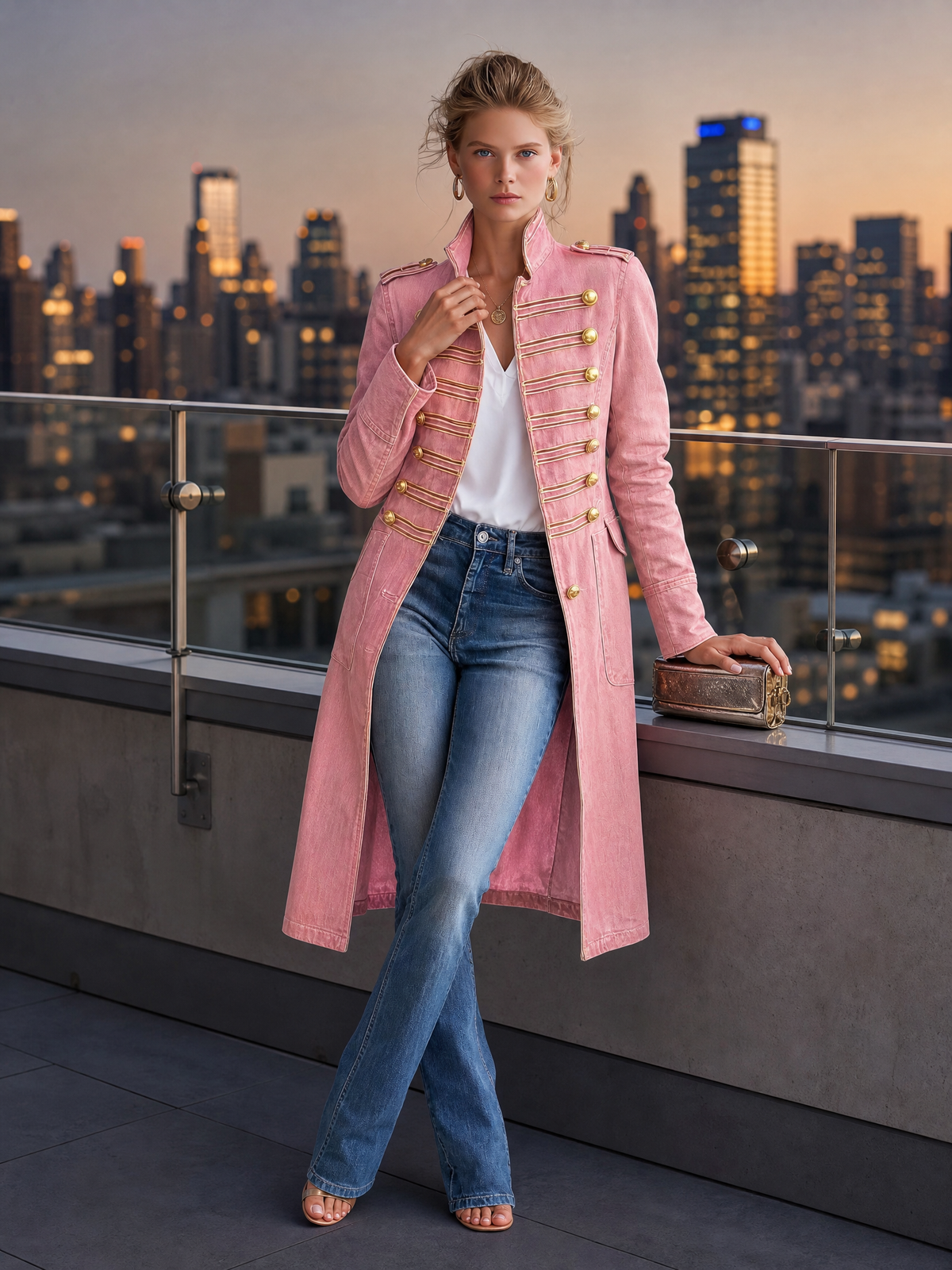 Vintage Washed Denim Military Officer Longline Gold-Button Fitted Statement Coat Women