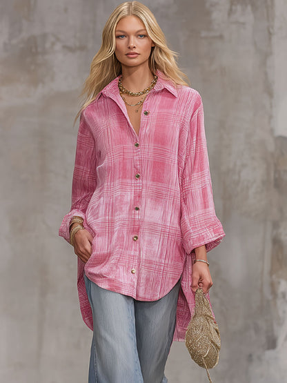 Loose-fitting Pink Plaid Velvet Long-sleeved Shirt