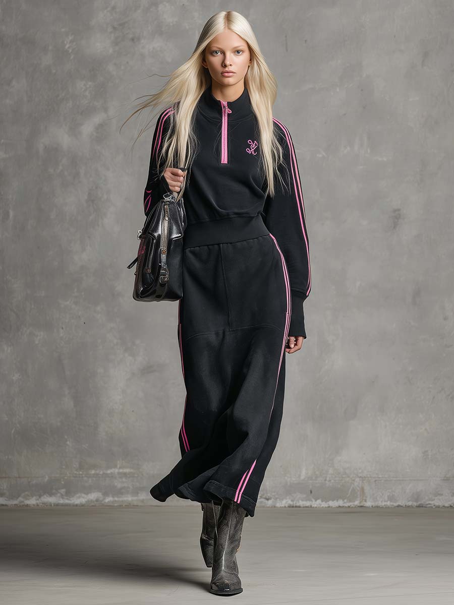 Elegant Retro Sporty Lapel Front Zipper Pink Trim Black Cotton Maxi Dress