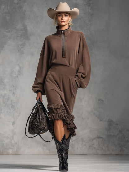 A Loose-fitting Stand-up Collar Zip-up Top And Ruffled Skirt Set.