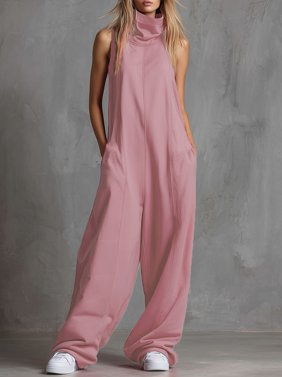 Pink High-neck Sleeveless Double-pocket Sporty Jumpsuit