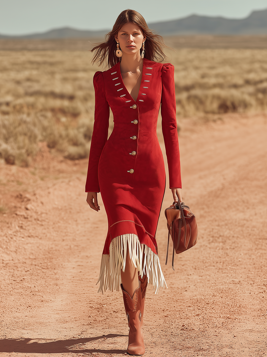 Vintage Western Style V-neck Metal Buttons And Fringe Faux Suede Midi Dress