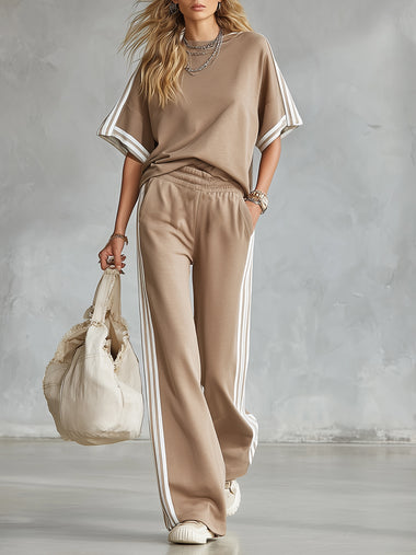 Casual Everyday Sports Striped-trim Khaki T-shirt And Pants Set