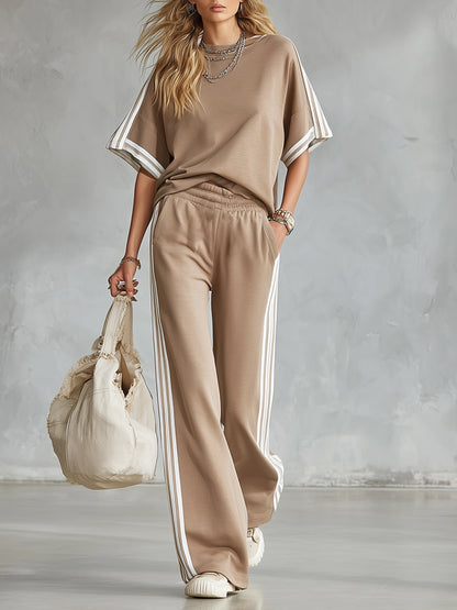 Casual Everyday Sports Striped-trim Khaki T-shirt And Pants Set
