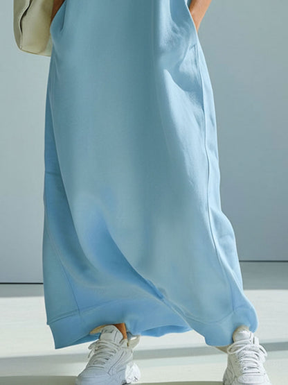 Loose-fitting Blue Hooded Double-pocket Sleeveless Maxi Dress