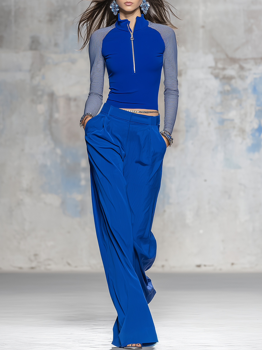 Retro Charming Sporty Color-blocked Stand-collar T-shirt And Wide-leg Pants Set